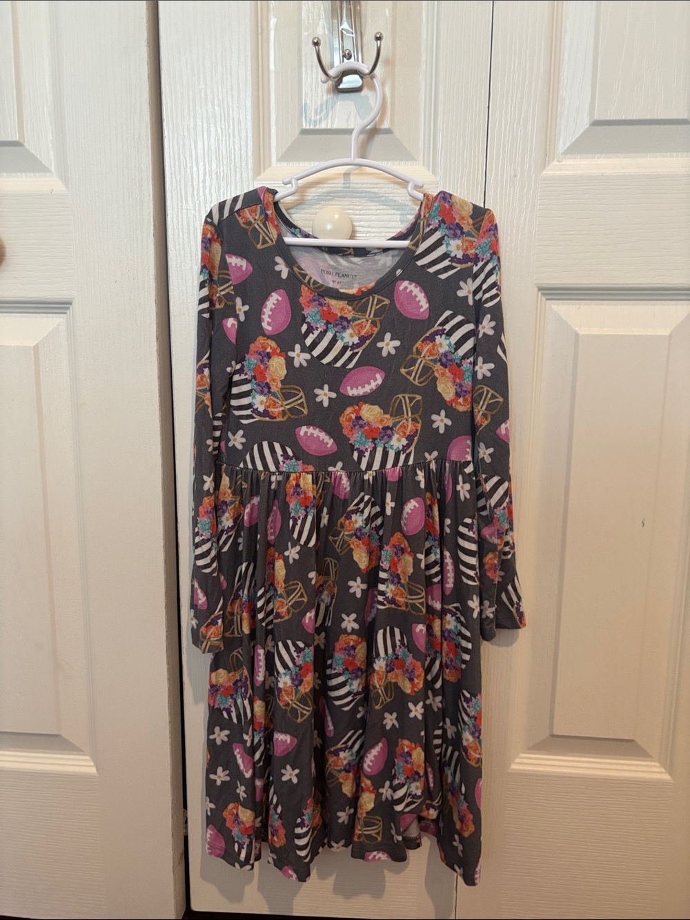 Posh Peanut Grey Floral & Stripe Long-Sleeve Dress with Pink Accents